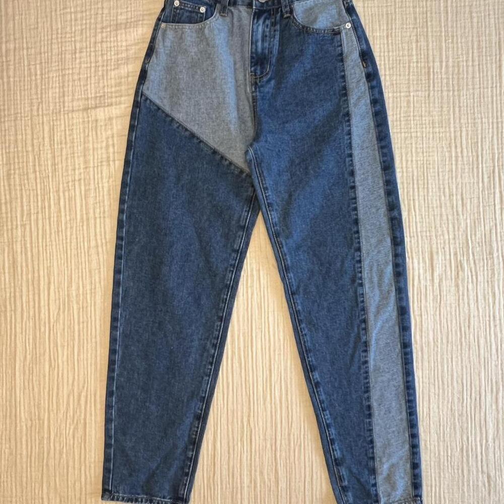 Cider Y2K Blue Patchwork Mom Multi Tone Tapered Denim jeans